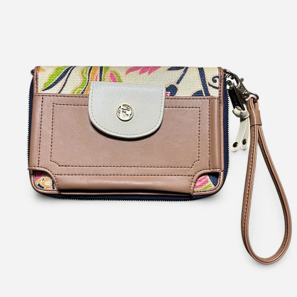 Spartina 449 Wristlet Wallet Brown‎ Leather Colorful Paisley Linen Phone Pocket